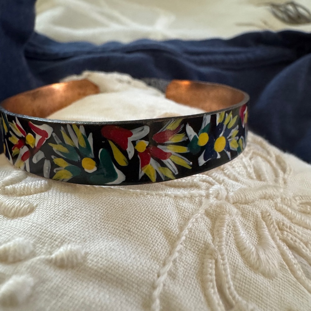 Hand painted copper bracelet !!!Floral Patterned Black and Red Bangle